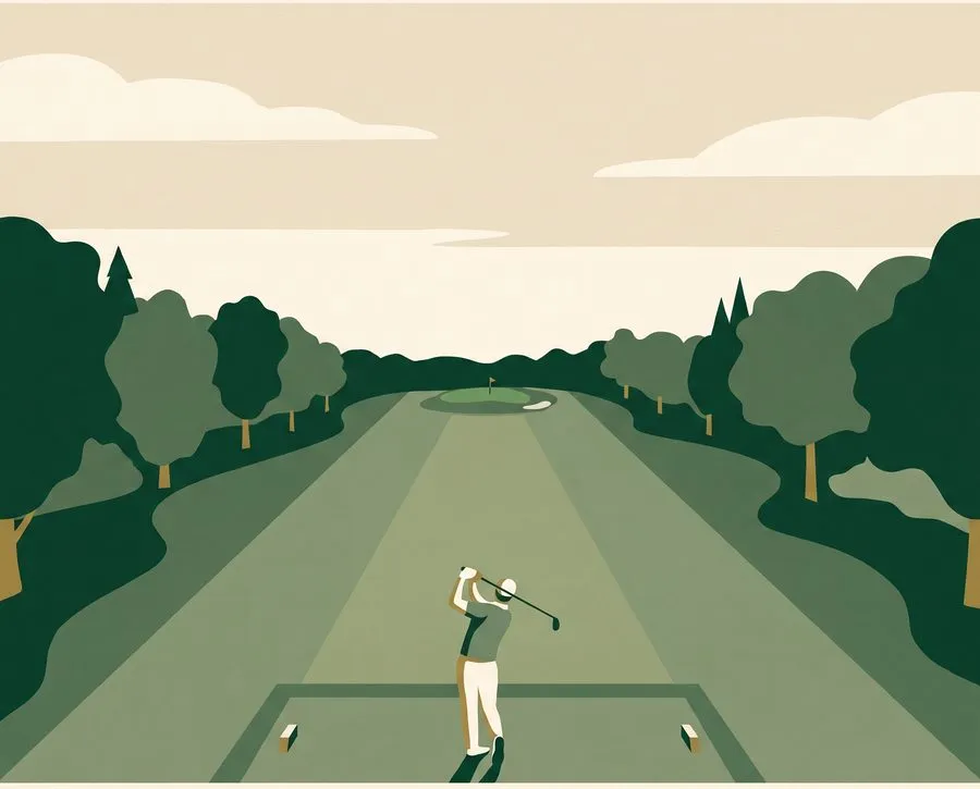 A golfer driving down a tree-lined fairway
